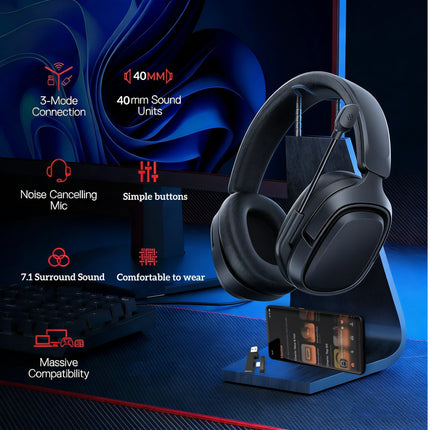 GT808 gaming headset is an ergonomic over-ear wireless headset, equipped with a 360-degree rotatable microphone and breathable