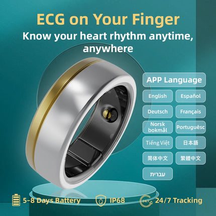 Smart Ring with ECG Function, Blood Pressure Heart Rate Body Temperature Monitoring, Activity Tracker IP68 5-8 Day Battery Gift