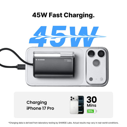 SHARGE Flow 3 10000mAh Power Bank PD 45W Portable Power Bank 10K Portable Charger Built-In USB-C Cable for iPhone 17 Pro