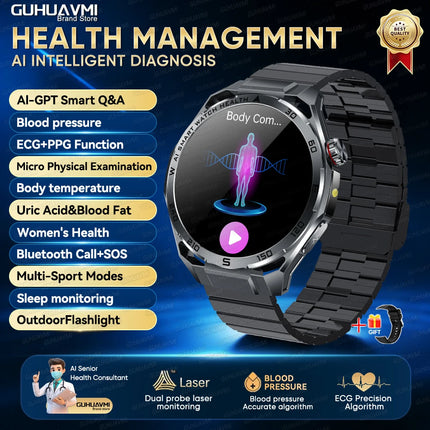 New AI-Diagnosis ECG Smart Watch Blood Lipid/Uric Acid Blood Pressure/Oxygen BIM Fitness Tracker Nuring Grade Health Smartwatch