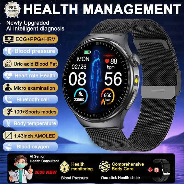 2026 Fashion New Expert level Health Smart Watch Men ECG+PPG Laser Monitor Uric Acid Blood Fat Blood Pressure HD Call Smartwatch