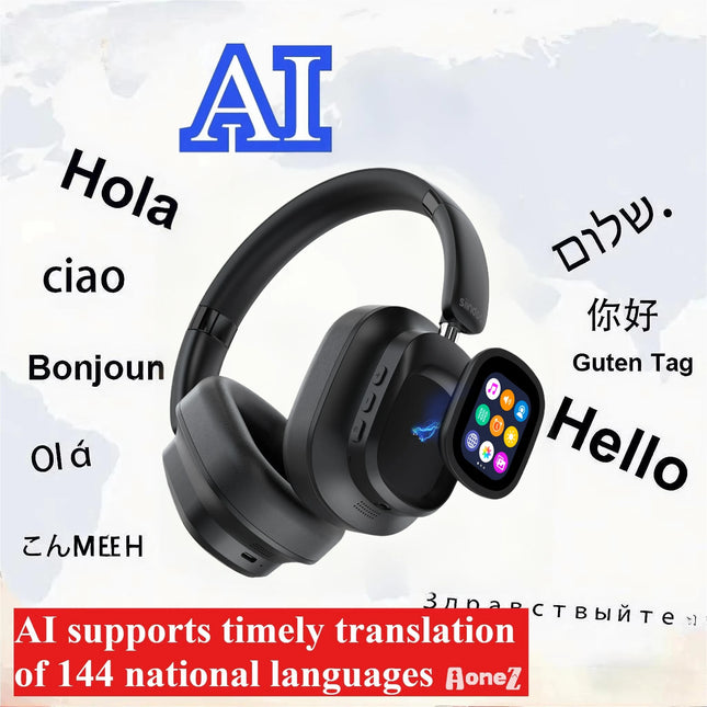 Smart AI Translator Headphones Hybrid Active Noise Cancelling Wireless With Magnetic Touch Control LED Display Screen