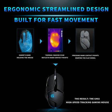 Logitech G402 Gaming Mouse 32‑Bit Built‑In Processor Anti‑Slip Hand Grips For Extended Online Game Playing Experience