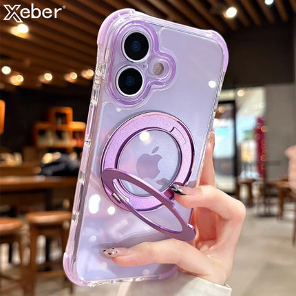 Crystal Clear For Magsafe Phone Case For iPhone 17 16 15 14 13 Pro Max Rotating Magnetic Bracket Holder Shockproof Bumper Cover