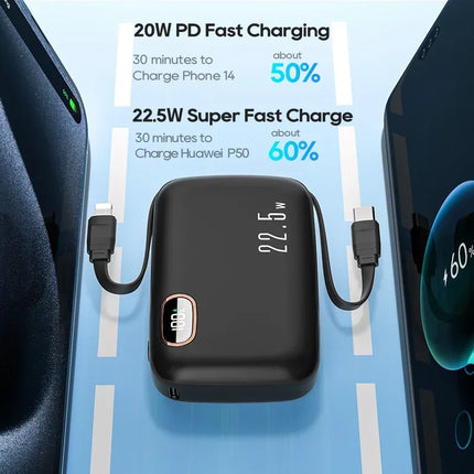 22.5W Fast Charging 10000mAh Power Bank, Dual Built-in Cable Portable Battery for New IPhone 16 Series & Android