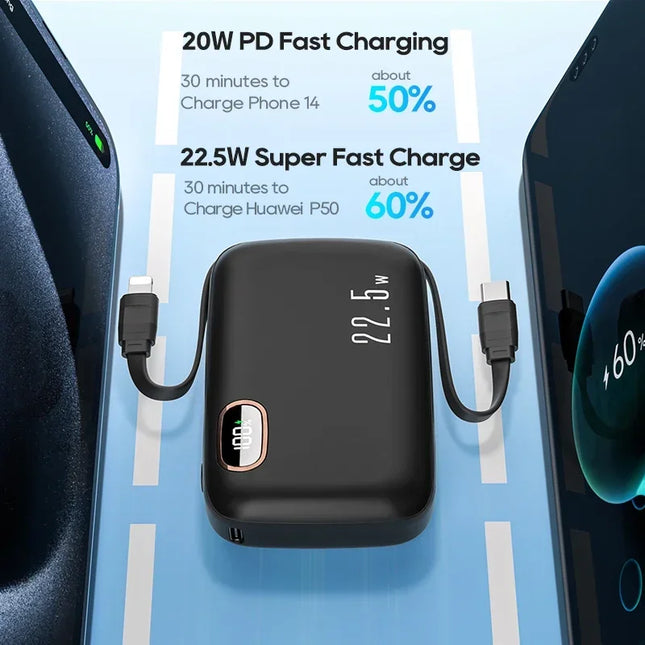 22.5W Fast Charging 10000mAh Power Bank, Dual Built-in Cable Portable Battery for New IPhone 16 Series & Android