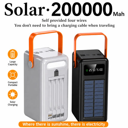 Solar Power Bank 200000mAh 120w Super Fast Charging with Four Wire External Battery Pack with Flashlight for Outdoors