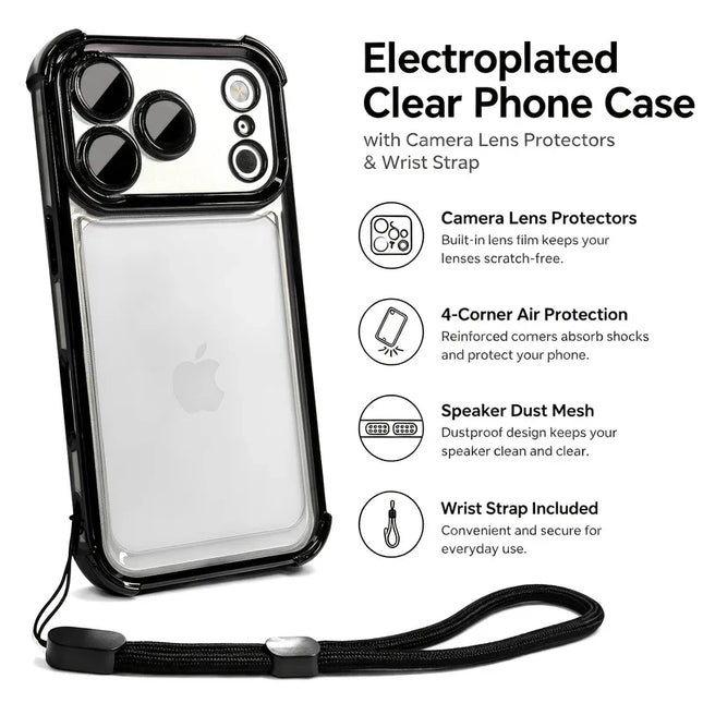 Fashion Transparent Four Corners Shockproof Phone Case for IPhone 17Air 17 13 12 11 Pro Max 16 15 14 Plus with Wrist Strap Cover