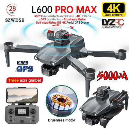 L600 PRO MAX GPS Drone Professional 4K 3-Axis PTZ HD Dual Camera Obstacle Avoidance Brushless Motor 5G WIFI RC Quadcopter Toys