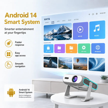 360° Rotation Portable Projector Support 1080P 4K HDR Android14 500Ansi 2.4G/5G Wifi 6 BT Home Cinema Office Smart Projector