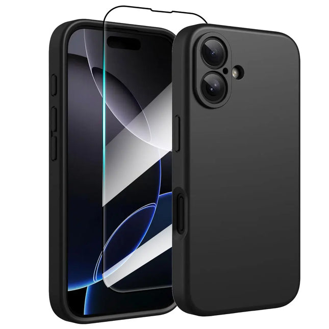 2 IN 1 Phone Case for iPhone 16 15 14 13 12 11 Pro Max Plus Protection With Screen Protector Glass Silicone Shockproof Cover