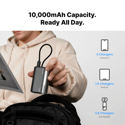 SHARGE Flow 3 10000mAh Power Bank PD 45W Portable Power Bank 10K Portable Charger Built-In USB-C Cable for iPhone 17 Pro