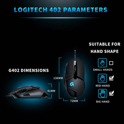 Logitech G402 Gaming Mouse 32‑Bit Built‑In Processor Anti‑Slip Hand Grips For Extended Online Game Playing Experience