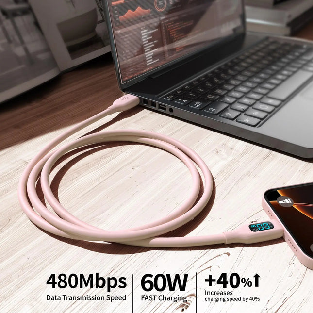 60W USB-A to USB-C Fast Charging Cable  Flexible Pink Silicone Charger For iPhone 17/16/15 Pro/Max, iPad, AirPods Type-C Tablets