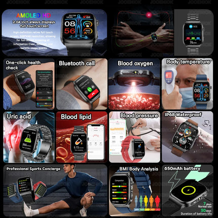 2026 Health Care Smart Watch Men Women BMI Analysis Uric Acid Blood Lipids Blood Pressure Monitoring BT Call AMOLED Smartwatch