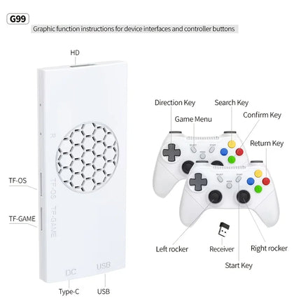 G99 plug and play TV game console, 4K high-definition output, dual wireless controllers, supports two player gaming,