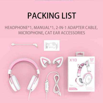 ONIKUMA X10 Gaming Headphones with Detachable Cute Cat Ear RBG Lighting Gaming Headset Gamer Earphone with HD Mic for PC Gaming