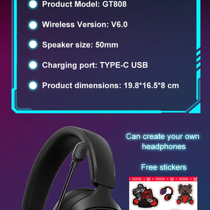 GT808 gaming headset is an ergonomic over-ear wireless headset, equipped with a 360-degree rotatable microphone and breathable