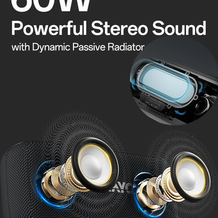 OHYAO Bluetooth Speaker 6.0, 60W Stereo Sound, Titanium Membrane Drivers, RGB Lights, Individual EQ, For Home, Outdoors, Garden