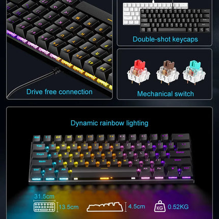 Teclado Mecánico 60% Gaming Keyboard Gamer Mechanical Keyboards PC Teclados Laptop Oficina Mini Key Board Klavye Teclas White