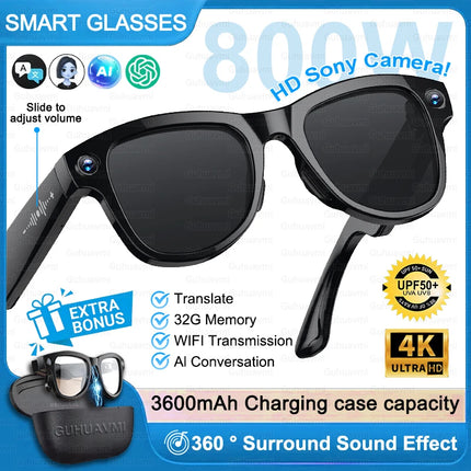 AI Smart Glasses 800W HD Camera 4K Video 32GB Storage 120+ Language Translation 3600mAh Charging Case Bluetooth Call Sunglasses