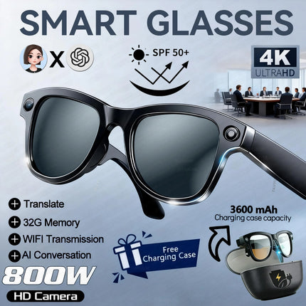 2026 Smart AI Glasses 1080P HD Camera M02 Ultra ChatGPT 3600mAh Charging Case Power Bank 32GB Translation Music Video Sunglasses