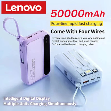 Lenovo 120W 500000mAh Power Bank Large Capacity 4 In1 Cables Intelligent Digital Display Light Portable Powerbank For iPhone New