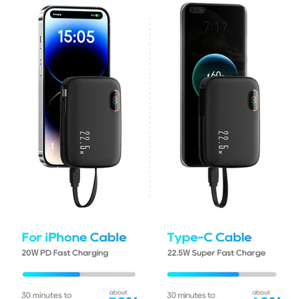 22.5W Fast Charging 10000mAh Power Bank, Dual Built-in Cable Portable Battery for New IPhone 16 Series & Android
