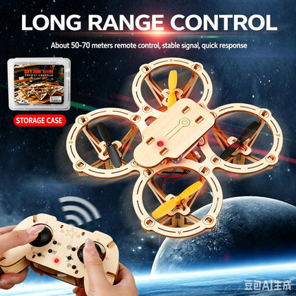 DIY Wooden Assemble Quadcopter Drone Kit, Remote Control Handmade Aircraft, STEM Science Educational Experiment Model