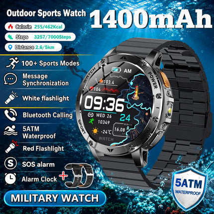 2026New Military Bluetooth call Smartwatch Men 1.7 inches Sapphire glass 1400mAh Battery 5ATM Waterproof Flashlight Sports Watch