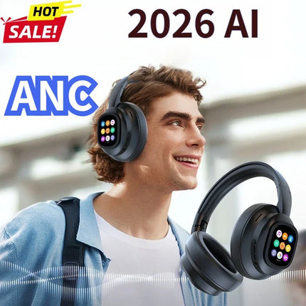 Smart AI Translator Headphones Hybrid Active Noise Cancelling Wireless With Magnetic Touch Control LED Display Screen