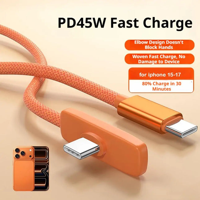 45W Fast Charging Dual Type-C Cable, Elbow Angle Nylon Braided Wire Cord Charging Cord For IPhone 15 16 17