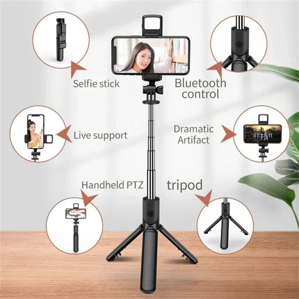 Selfie Stick Tripod Stand with Wireless Bluetooth Remote Extendable Stainless Steel Rod for iPhone Mobile Phones Live Streaming