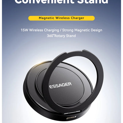 Essager Magnetic Wireless Charger With Holder 15W Fast Charging For iPhone16 15 14 13Pro Max Airpods Mini Wireless Phone Charger