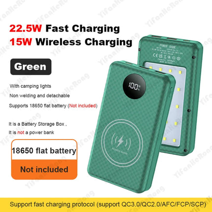 6*18650 20000mAh Power Bank Case 22.5W Fast Charging 15W Wireless Charging Mobile Power Bank Housing Battery Holder For Phone