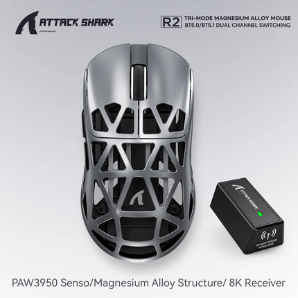 Attack Shark R2 Gaming Wireless Mouse PAW3950 8K Magnesium Alloy Lightweight Gaming Mouse Bluetooth Tri-Mode for Gaming/Office