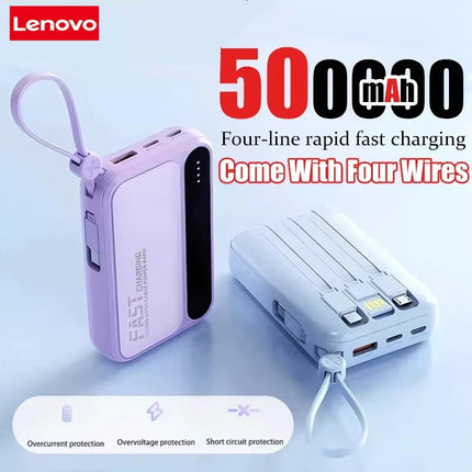 Lenovo 120W 500000mAh Power Bank Large Capacity 4 In1 Cables Intelligent Digital Display Light Portable Powerbank For iPhone New