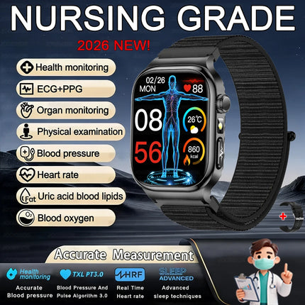 2026 Health Care Smart Watch Men Women BMI Analysis Uric Acid Blood Lipids Blood Pressure Monitoring BT Call AMOLED Smartwatch