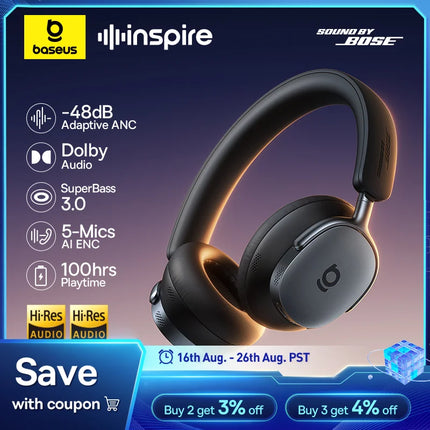 Baseus Inspire XH1 Sound by Bose ANC Wireless Headphone Bluetooth 6.1 48dB Adaptive Noise Cancellation Headset Hi-Res LDAC 100Hr