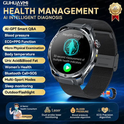 New AI-Diagnosis ECG Smart Watch Blood Lipid/Uric Acid Blood Pressure/Oxygen BIM Fitness Tracker Nuring Grade Health Smartwatch
