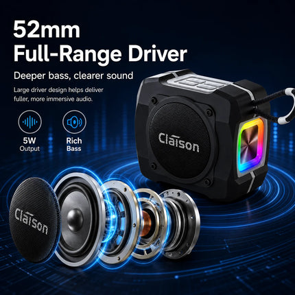Portable Bluetooth Speaker, 52mm Driver, 5W Output, Bluetooth 5.3, TWS Pairing, RGB Light, FM Radio, TF Card, USB Playback