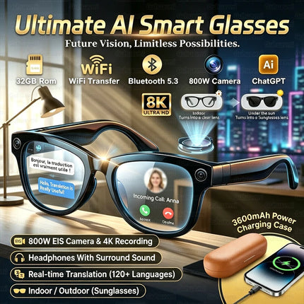 AI Smart Glasses 800W HD Camera 4K Video 32GB Storage 120+ Language Translation 3600mAh Charging Case Bluetooth Call Sunglasses