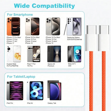 Fast Charger Cable Compatible with iPhone 17/16/15 USB-C to Type C Charging Data Cable Nylon Braided 3.3/6.6/10 Feet Long