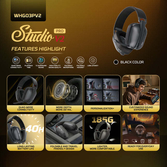 FANTECH Studio Pro v2 WHG03PV2 Wireless Headset Quad-Mode Connecivity Virtual 7.1 Sound and 50mm Big Drive Foldable Headphones