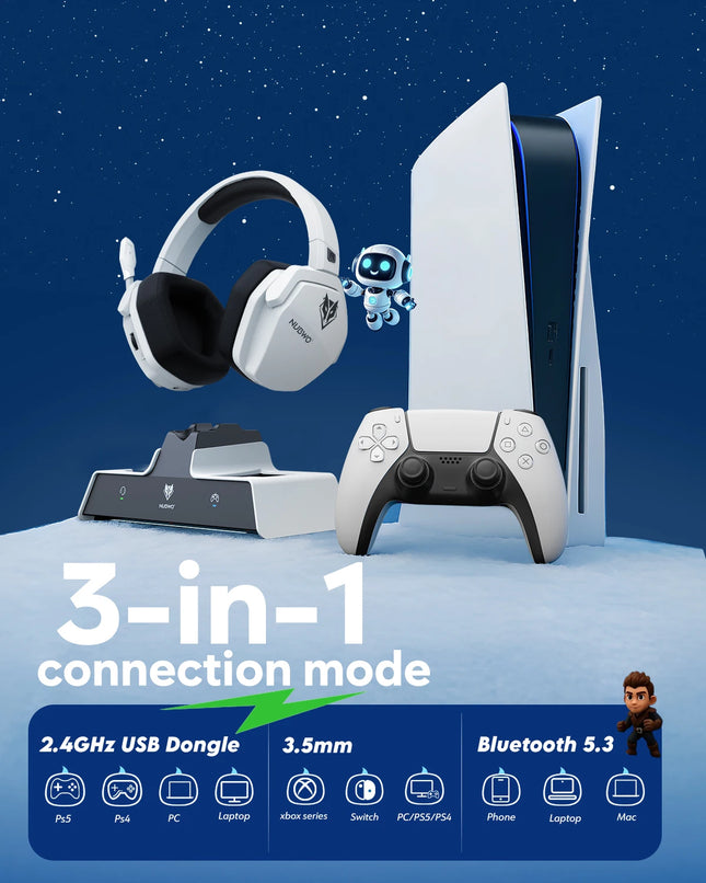 NUBWO G06 Pro Wireless Gaming Headset with Charging Station for Headset & PS5 Controller, 17ms Low Latency, 120H Battery Life