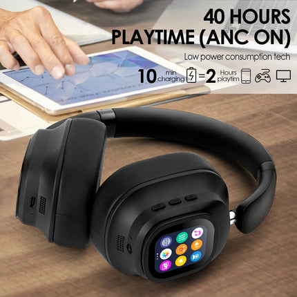 Smart AI Translator Headphones Hybrid Active Noise Cancelling Wireless With Magnetic Touch Control LED Display Screen