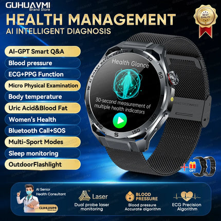 New AI-Diagnosis ECG Smart Watch Blood Lipid/Uric Acid Blood Pressure/Oxygen BIM Fitness Tracker Nuring Grade Health Smartwatch