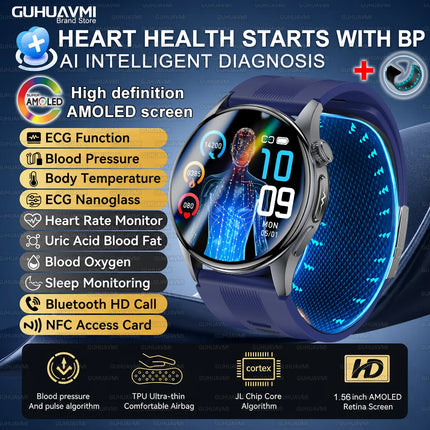 2026 New Nursing Grade Air Pump Airbag Smart watch Cuff Blood Pressure Detection ECG+PPG Multi Health Monitoring Smart Watches
