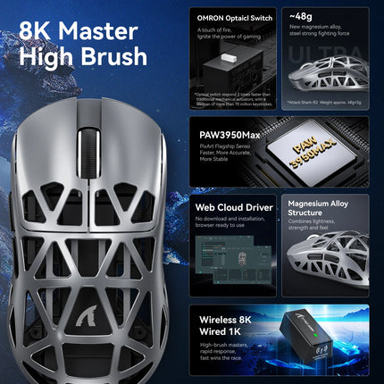Attack Shark R2 Gaming Wireless Mouse PAW3950 8K Magnesium Alloy Lightweight Gaming Mouse Bluetooth Tri-Mode for Gaming/Office