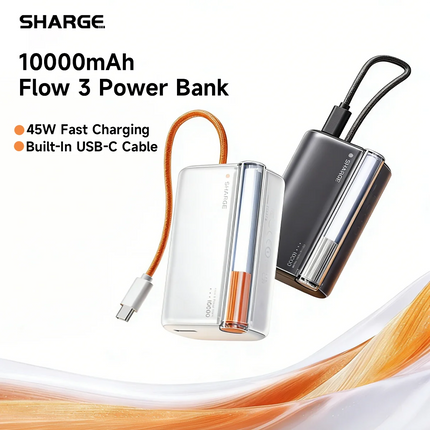 SHARGE Flow 3 10000mAh Power Bank PD 45W Portable Power Bank 10K Portable Charger Built-In USB-C Cable for iPhone 17 Pro